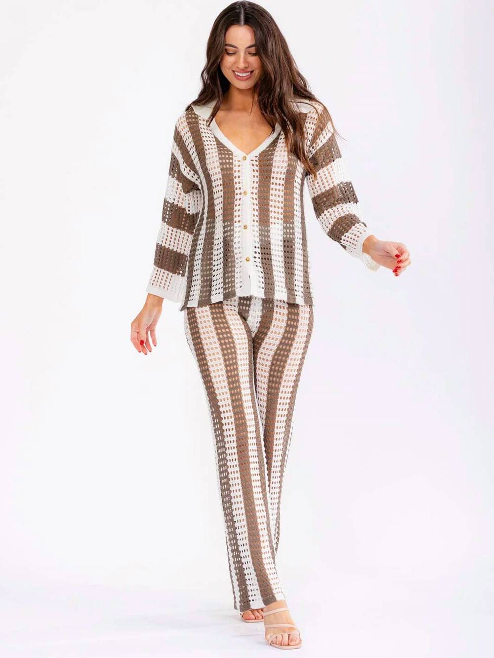 NEW LITTLE SECRET OF MINE colorblock knit top & pants set in beige